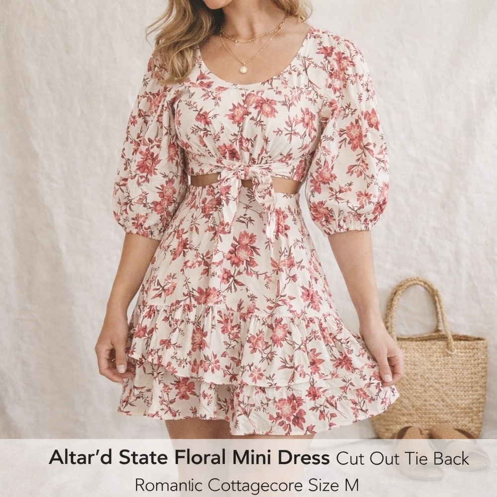Altar'd State Beige Floral Flowy Cut Out Fairy Romantic Feminine Mini Dress Sz M